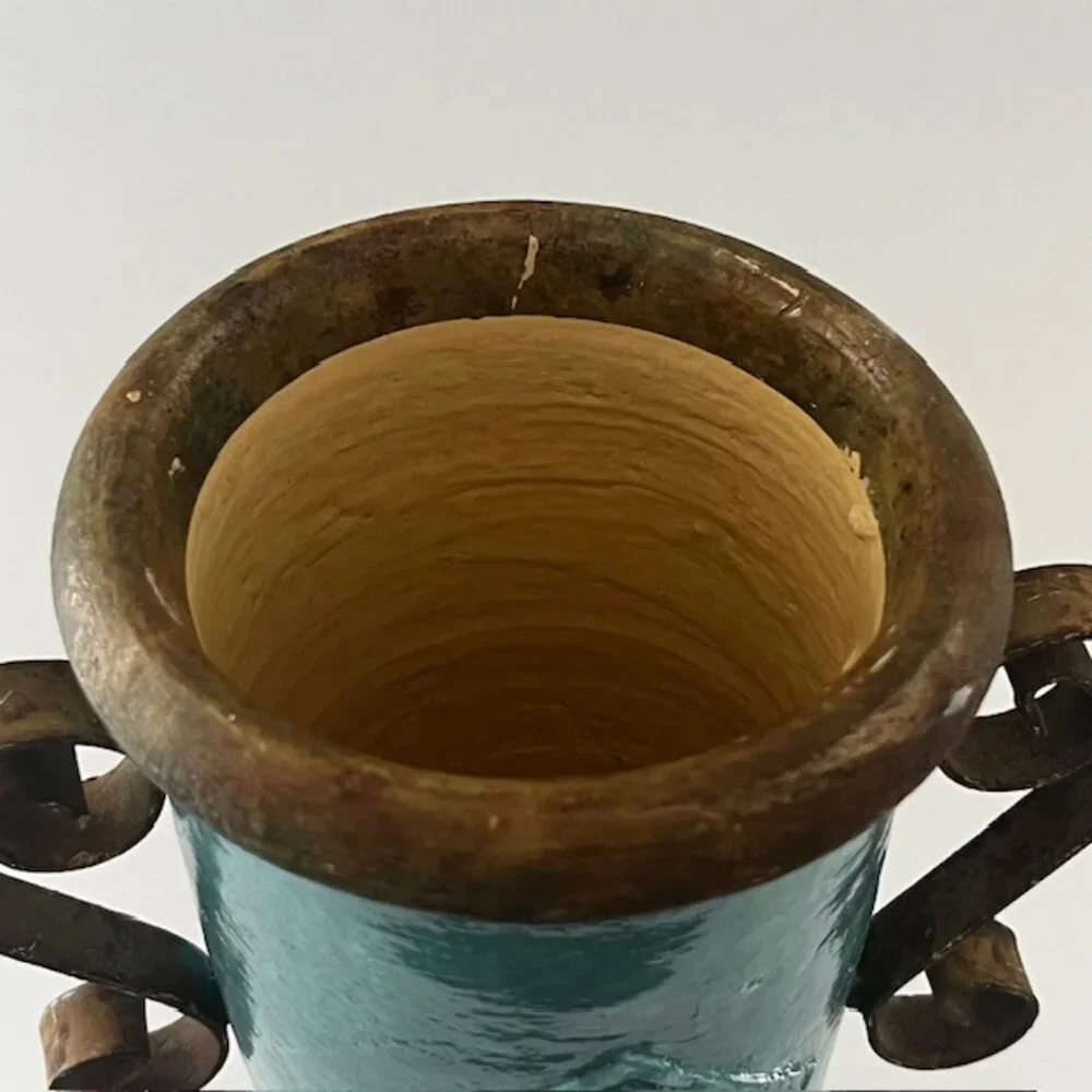 Glazed Ceramic Planter Vase Distressed Rustic Tuscan Scroll Metal Handles Aqua